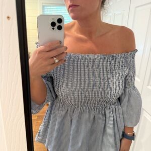 ZARA white and blue striped off the shoulder top
